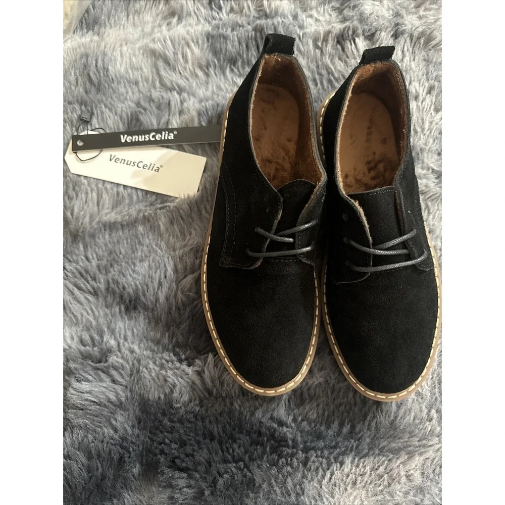 VenusCelia Women's Black Shoes Sz 5 M Lace Up Soft Inside Faux Suede